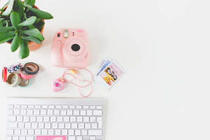 Feminine scene Desk. Hero/Flatlay