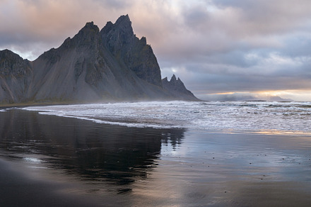 Sunrise Stokksnes cape sea beach and Vestrahorn Mountain with it, a Nature Photo by YuriyB