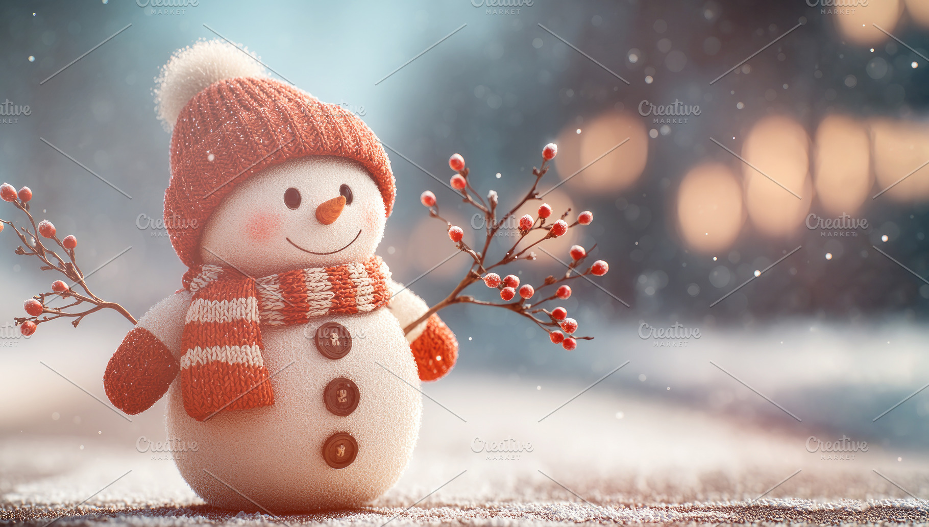 Cute smiling snowman with red hat and scarf holding berry twigs, a Person Photo by José Manuel Gelpi