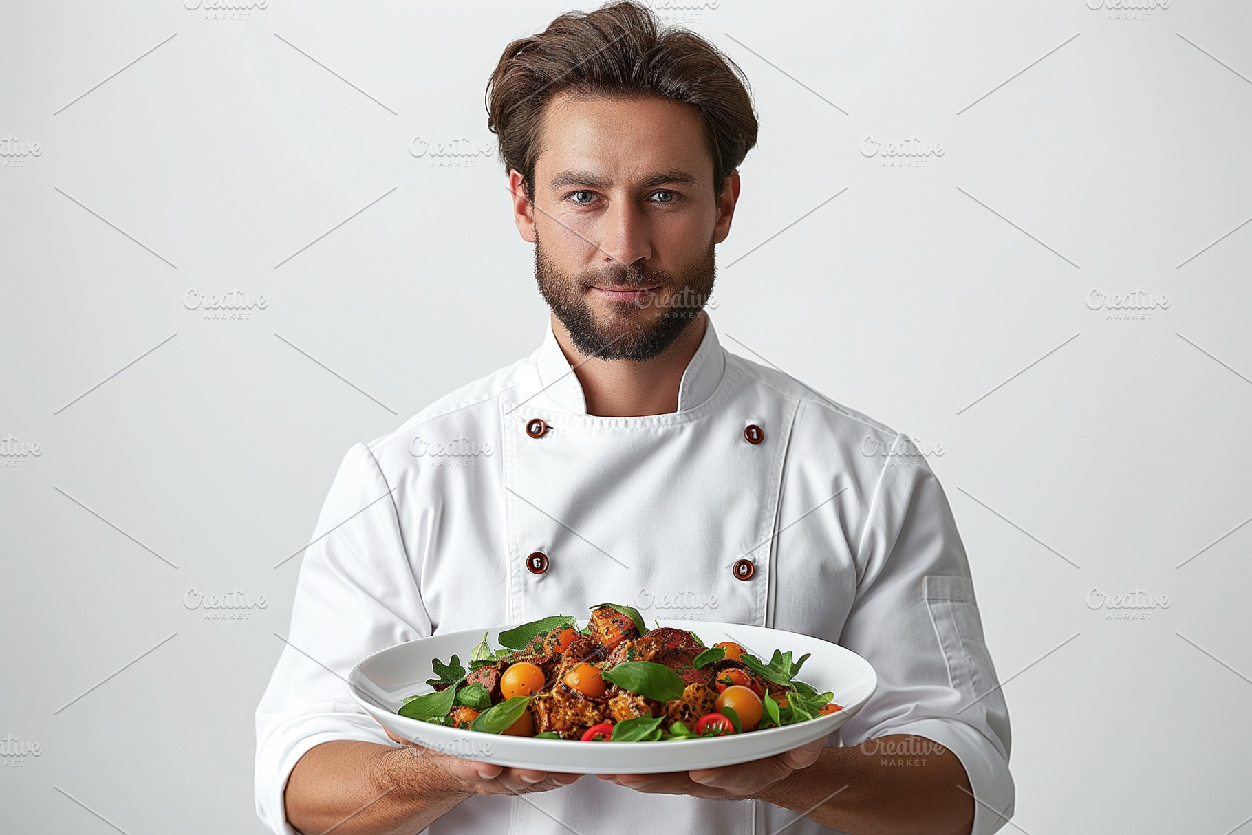 A male chef proudly presents a vibrant, fresh salad, showcasing his culinary sk, a Person Photo by ImageMir