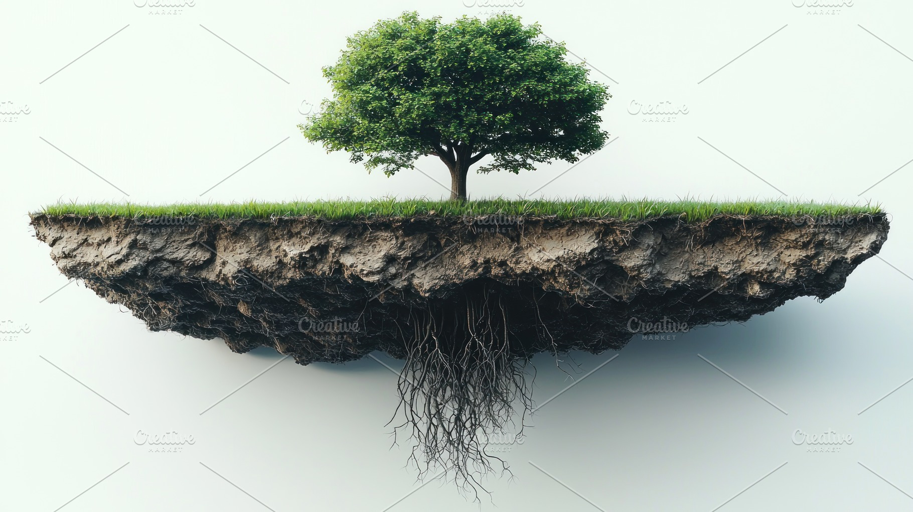 Green tree growing on floating chunk of earth with visible roots, a Nature Photo by José Manuel Gelpi