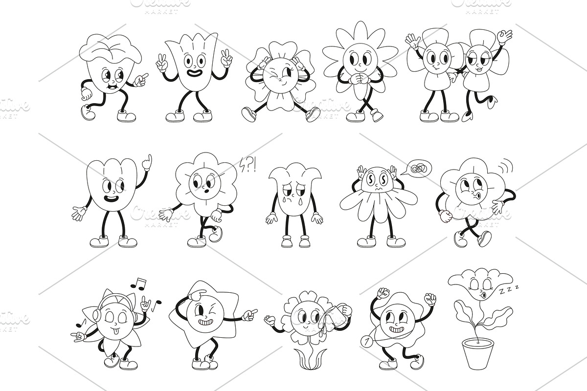 Funny groovy floral characters, an Object Illustration by Valerie Bodnar
