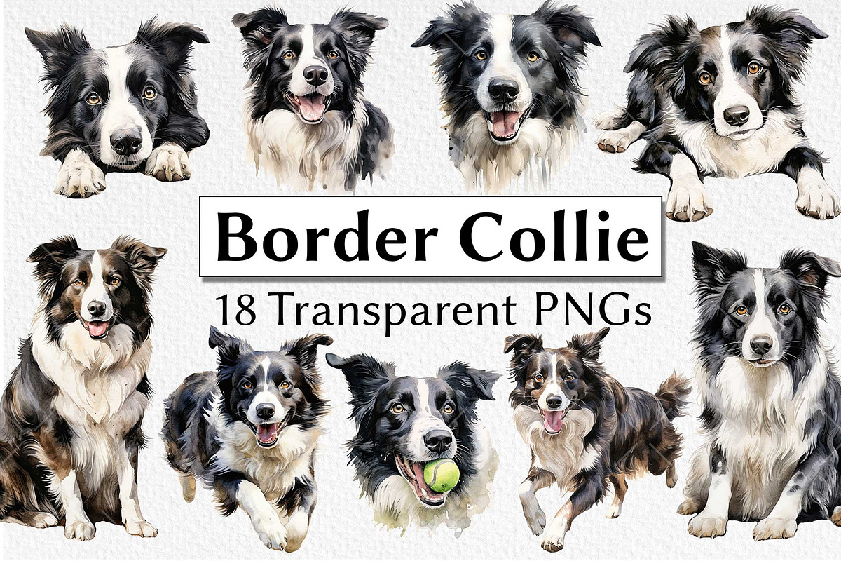 Border Collie Watercolor Clipart, an Animal Illustration by milkghost (Photo 1 of 2)