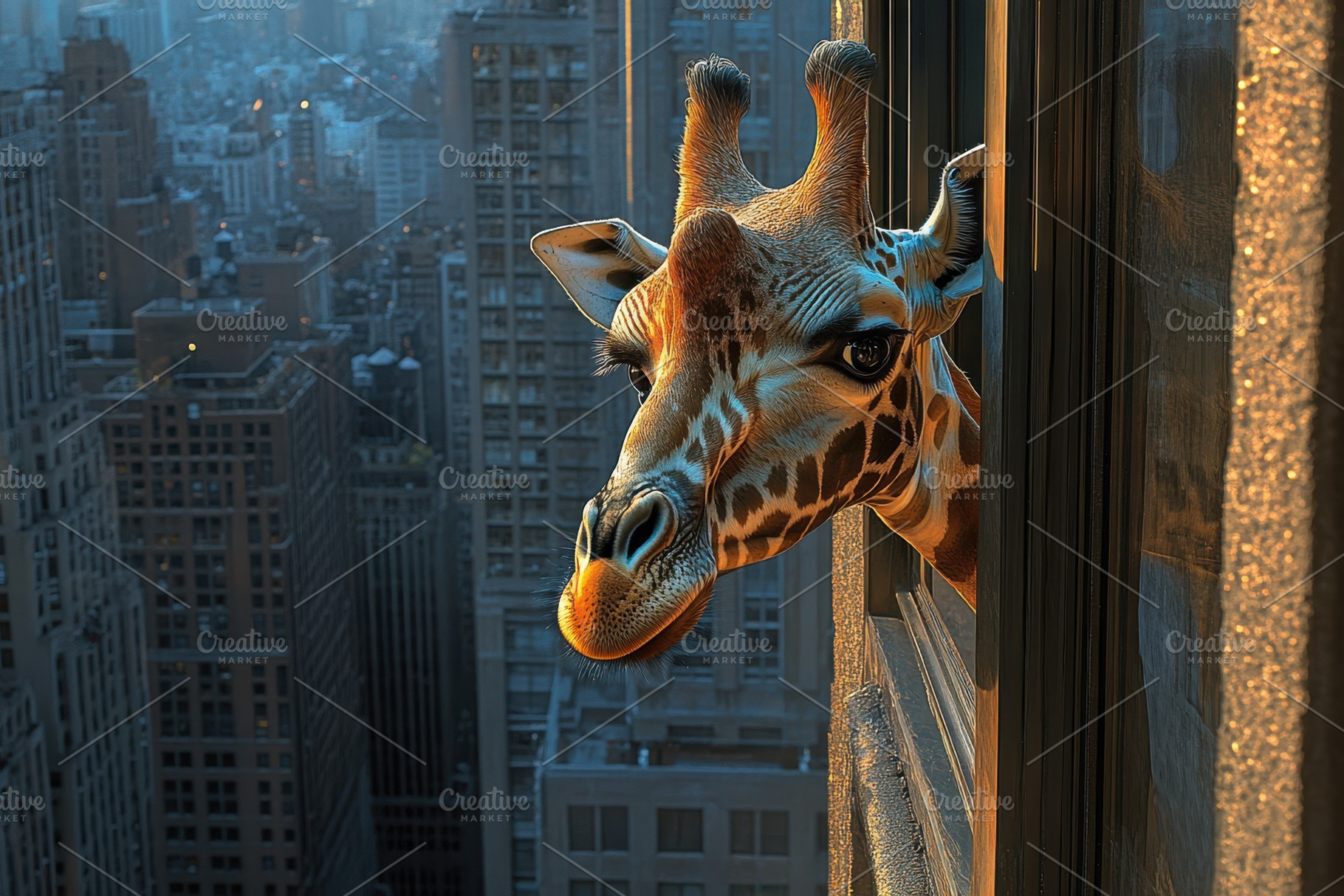 Giraffe looking out city window urba, an Animal Photo by Pixeness Studio