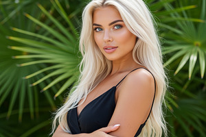 beautiful young woman black dress greenery AI generated, a Photo by WorldOfPhotos