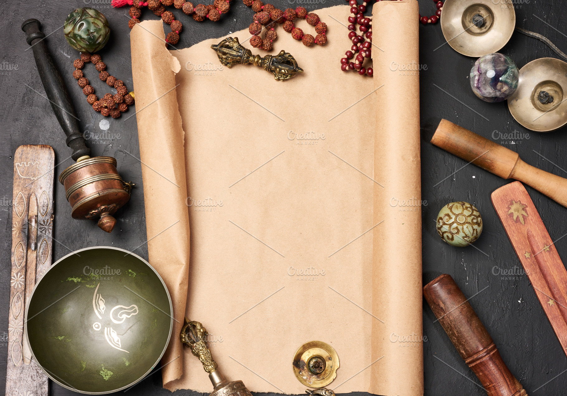 Religious objects for prayer and meditation, with a sheet of bro, a Background Photo by ndanko