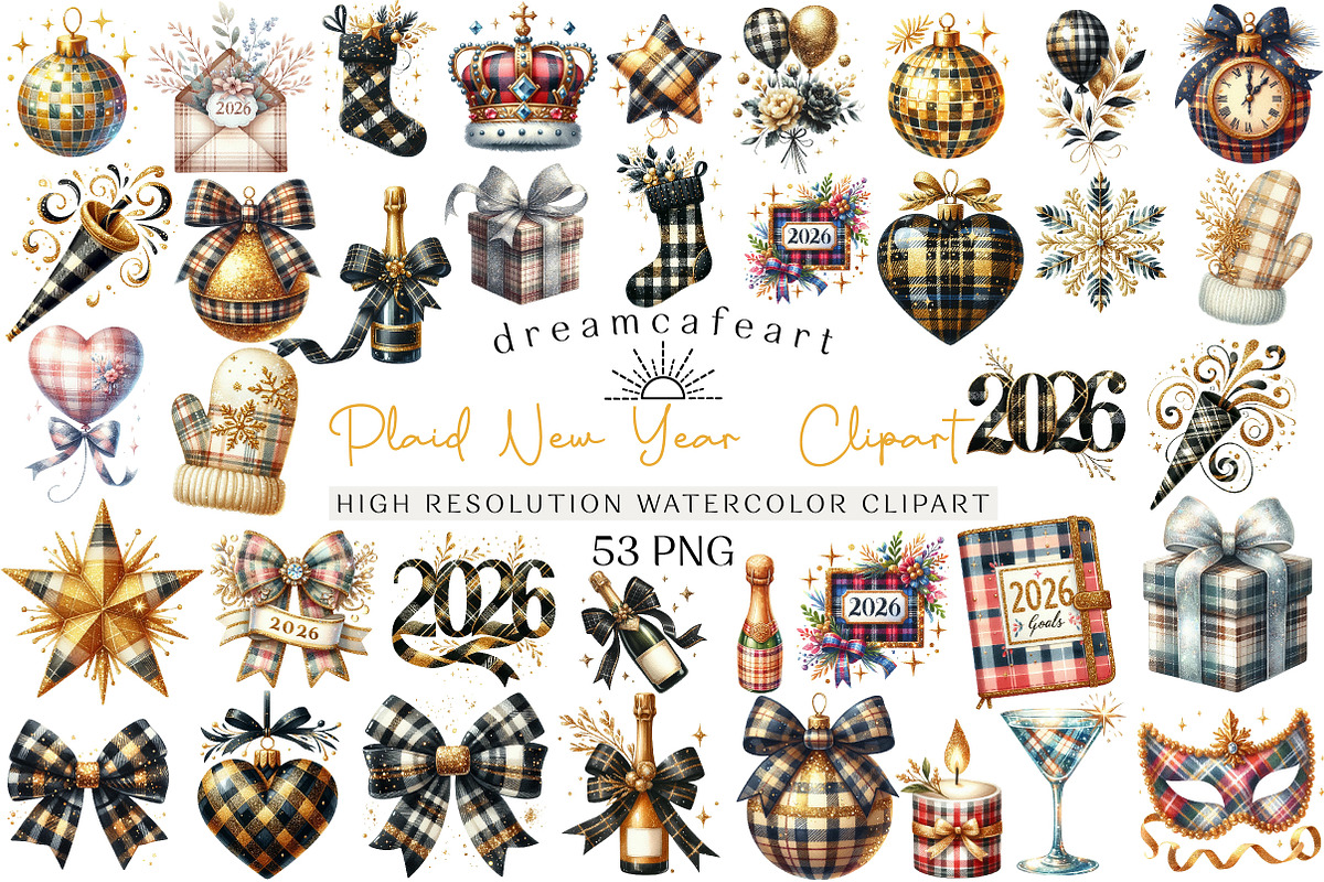 Glittery Plaid New Year Clipart, an Illustration by DreamCafeArt (Photo 1 of 6)