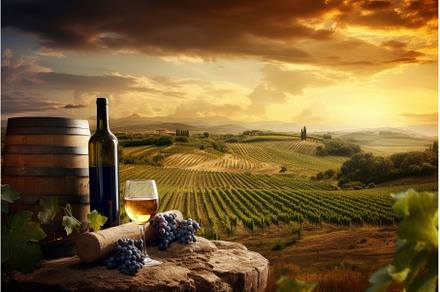 Wine table vineyard sunset. Generate, a Food & Drink Photo by Ylivdesign
