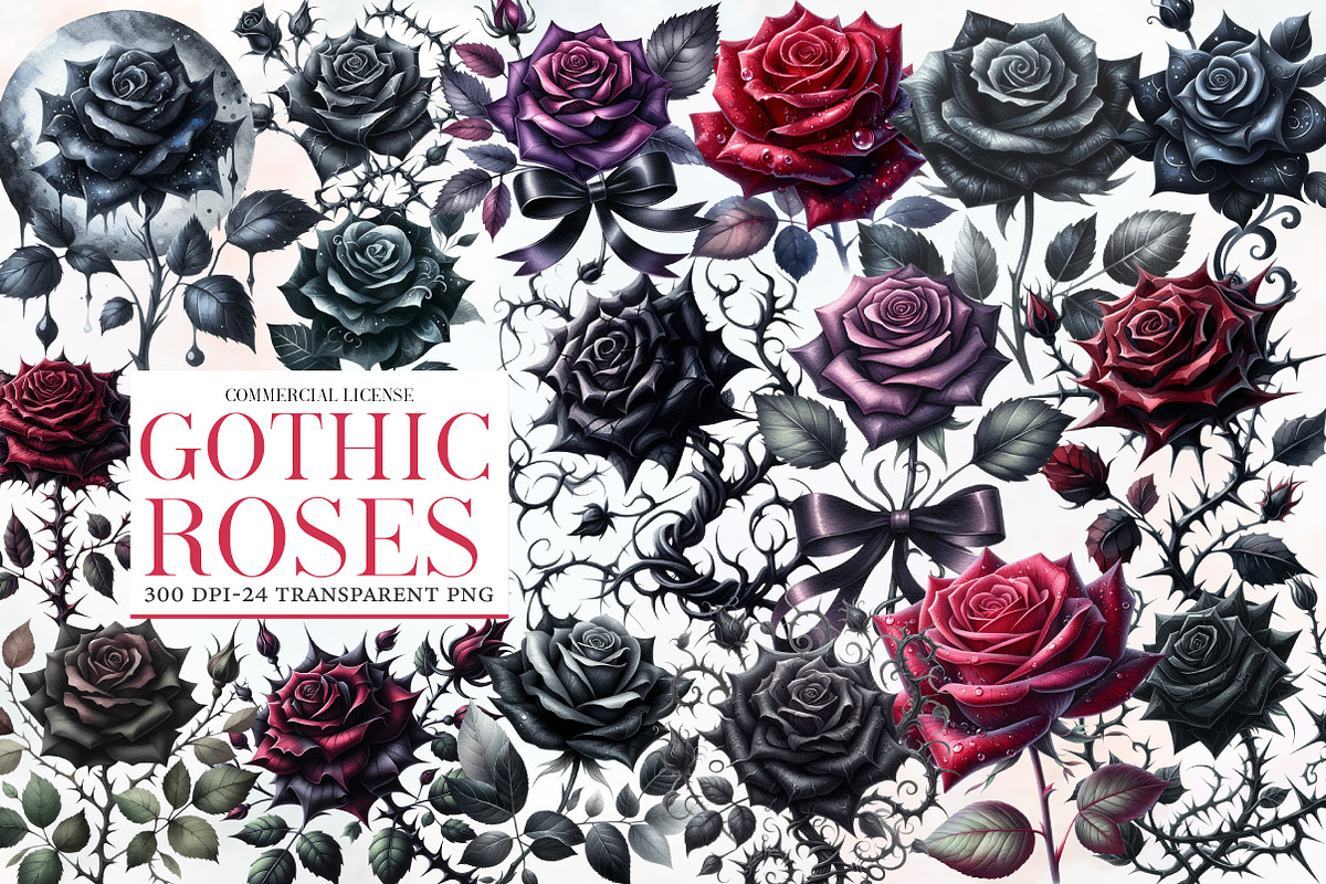 Gothic Roses Clipart Bundle, an Illustration by Designworld (Photo 1 of 6)