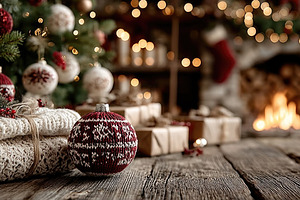 Cozy Christmas Living Room with Knitted Ornaments, Fireplace and, a Background Photo by José Manuel Gelpi