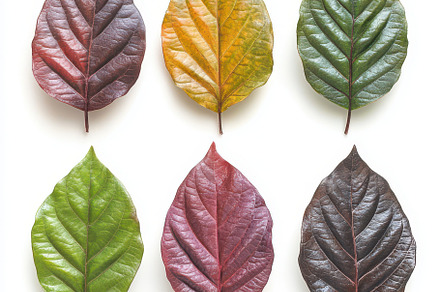 Six vibrant leaves showcasing autumn, an Abstract Photo by Pixeness