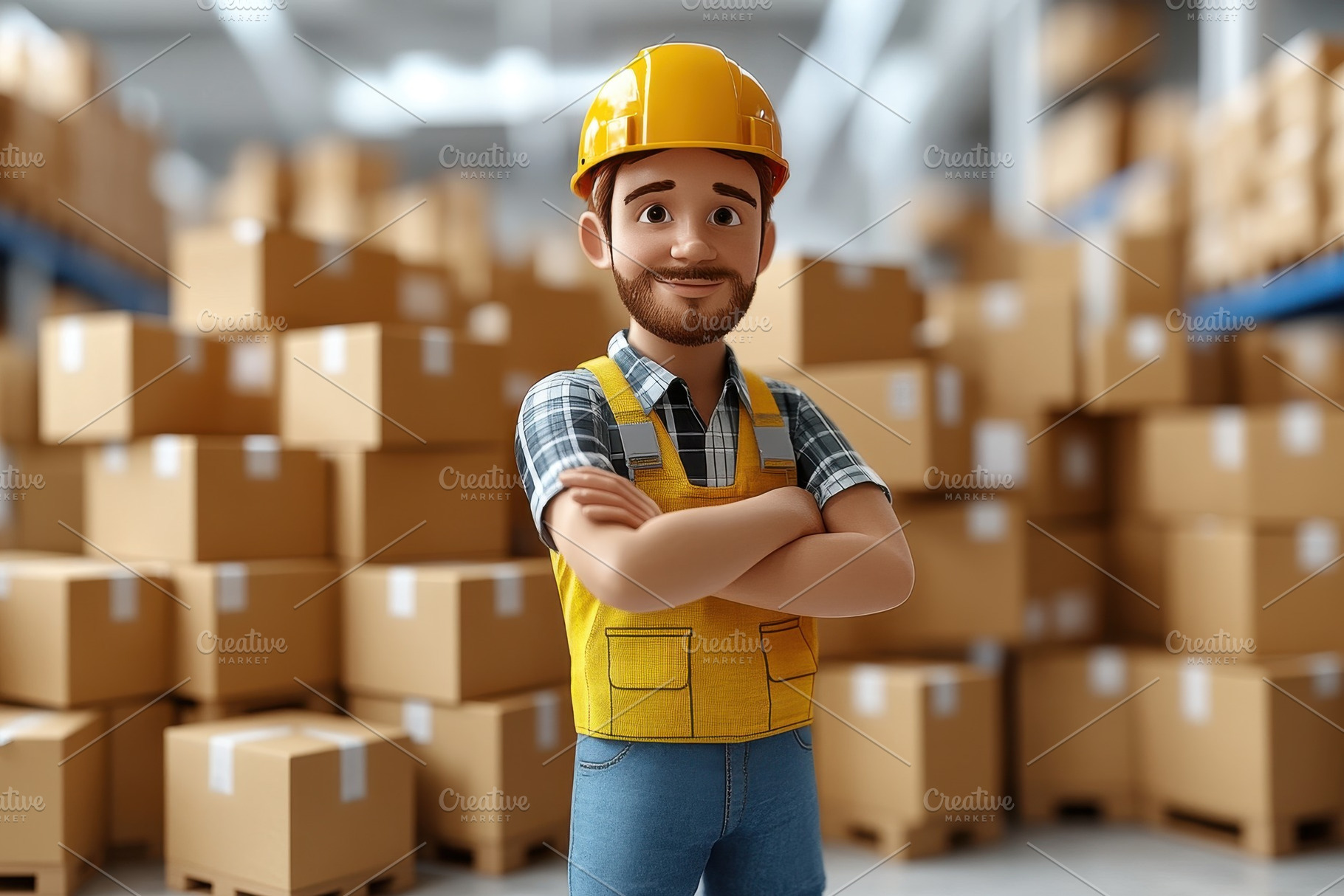 Friendly cartoon worker stands confi, a Photo by Tanuart