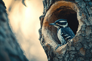Woodpecker bird sitting in a hollow of tree trunk, an Animal Photo by AlyaAnd