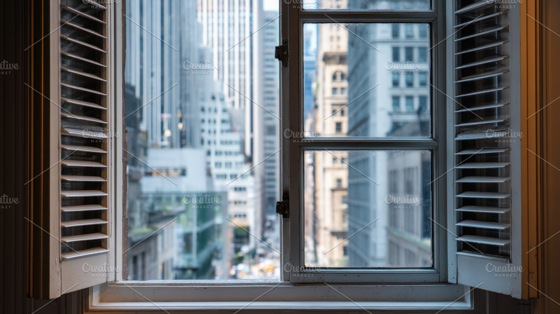 City window view with buildings, a Photo by Beautiful things