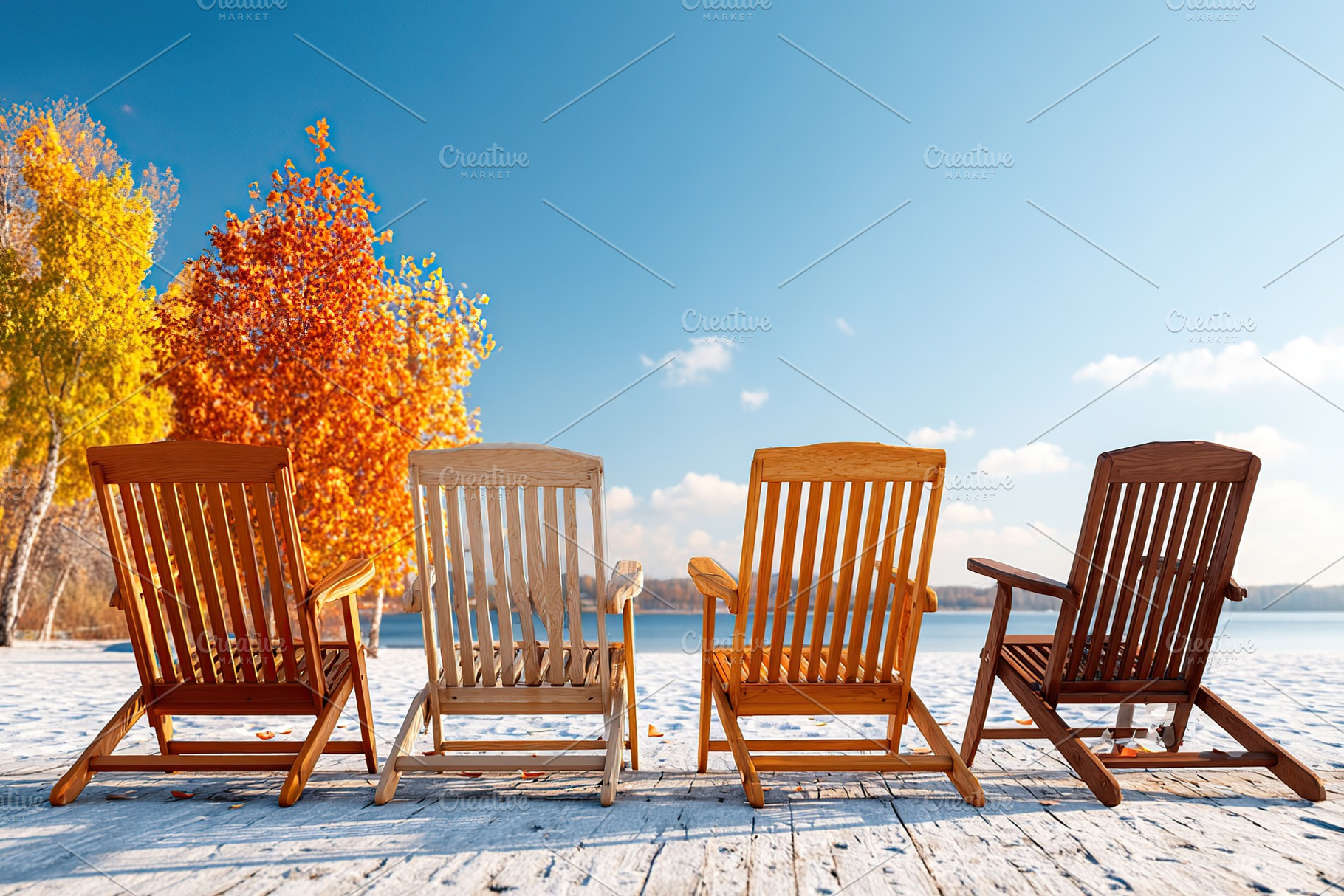 Four wooden chairs facing a beautiful lakeside view during autumn morning, a Photo by AlyaAnd
