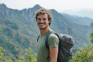 Smiling athletic man enjoying a hike in the mountains during a sunny day, a Person Photo by AlyaAnd