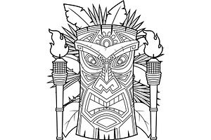 Tiki Mask With Torches Coloring Page, an Illustration by HitToon