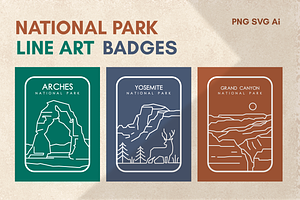 8 National Park Line Art Badges