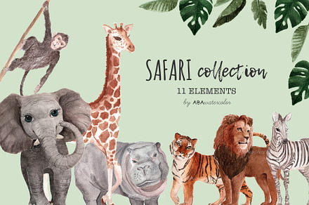 Watercolor Safari Animals, Wild life