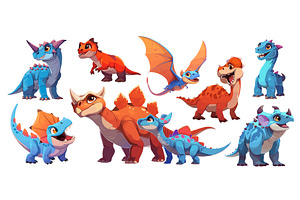 dinosaurs cartoon set. blue red, an Animal Illustration by Stock-Smart-Start
