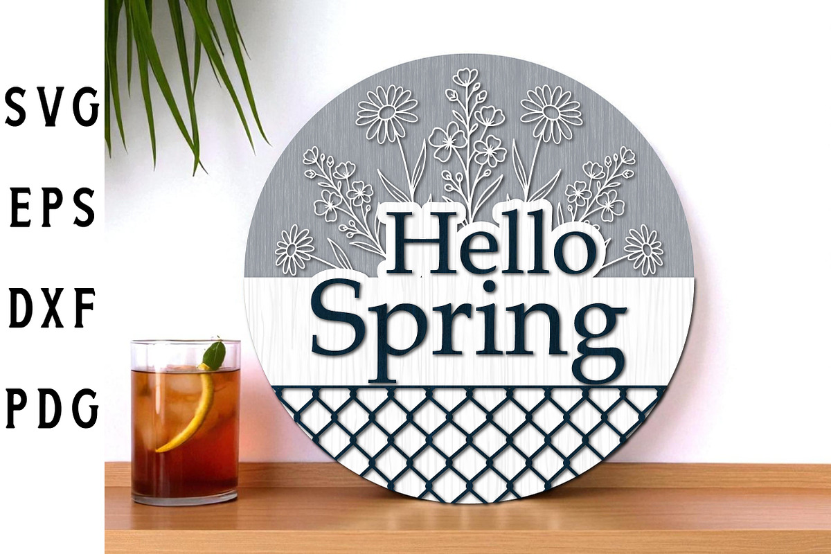 Hello Spring Door Hanger Round Laser, a Graphic by Libby Wishes (Photo 2 of 3)