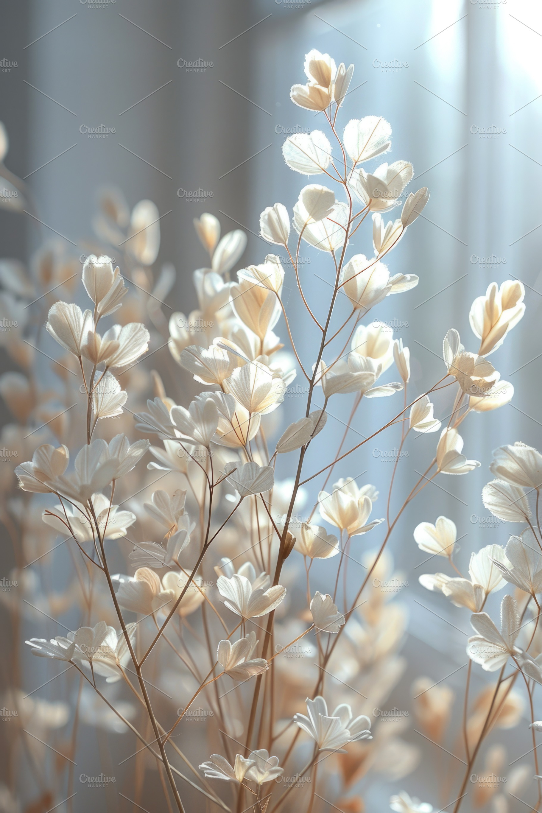 Delicate White Wildflowers in Soft Window Light With Airy Botani, an Abstract Photo by José Manuel Gelpi