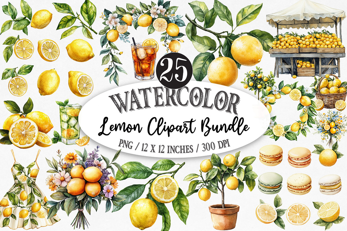 Lemon Watercolor Clipart, an Illustration by Designking (Photo 1 of 5)