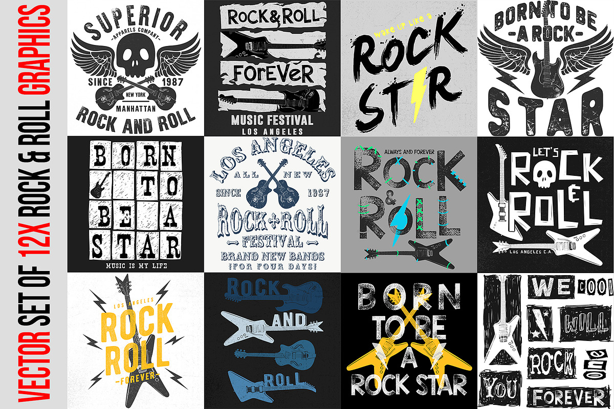 VECTOR SET OF 12X ROCK&ROLL GRAPHICS, an Illustration by ulasokuyucu (Photo 1 of 13)
