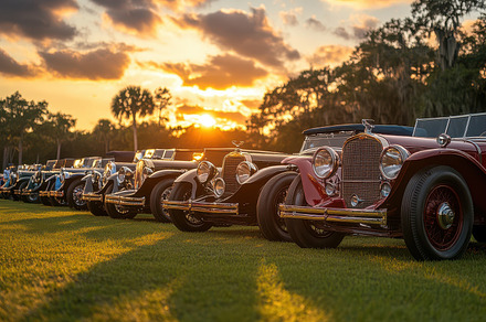 Vintage car show at sunset showcases, a Background Photo by Pixeness