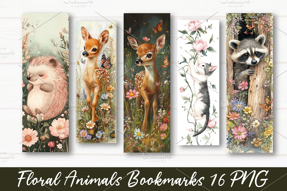 Floral Animals Bookmarks, an Illustration by Watercolor design (Photo 1 of 4)
