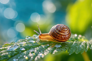 Snail on a leaf with dew drops, an Animal Photo by AlyaAnd