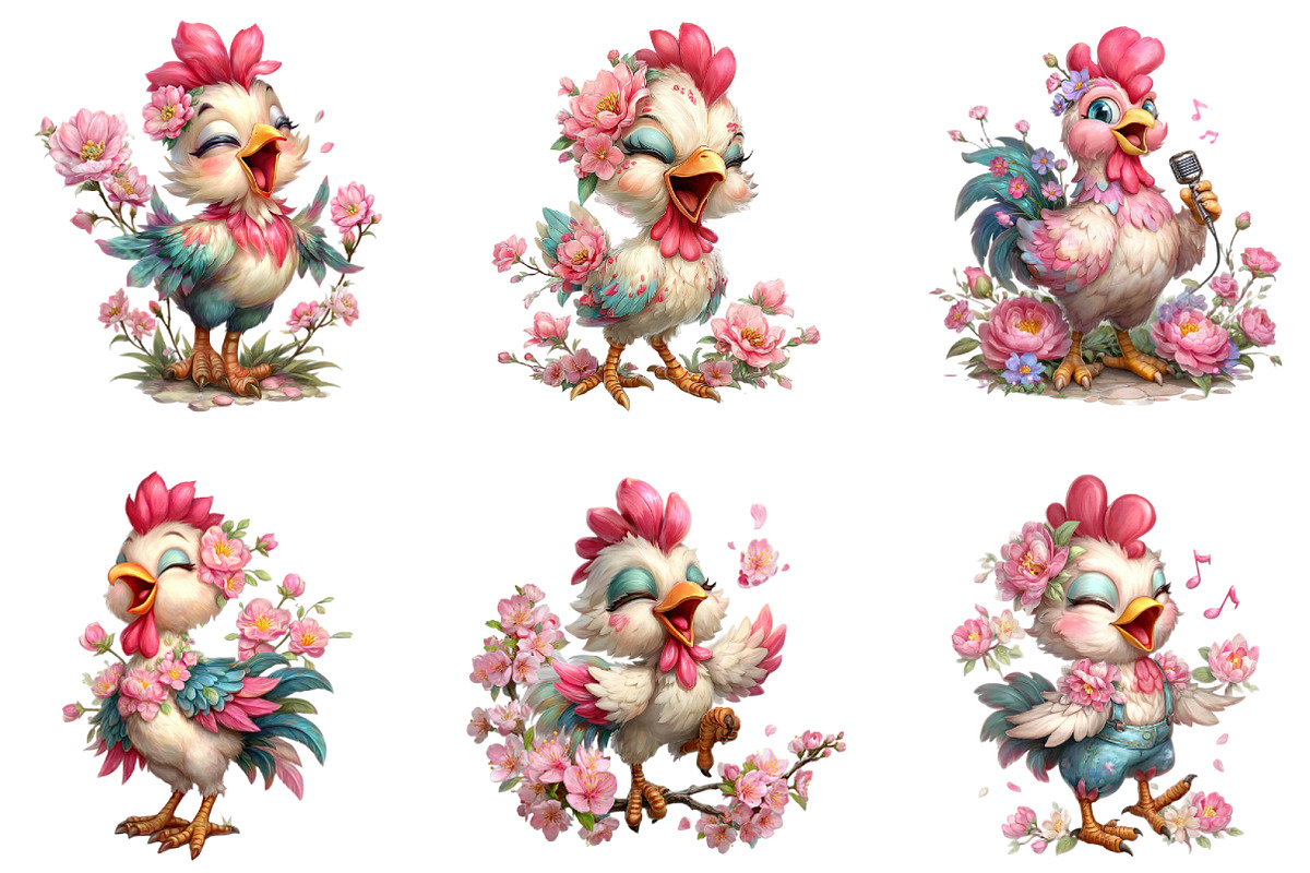Floral Chicken Singing Farm Clipart, an Illustration by CraftArtStudio (Photo 3 of 6)