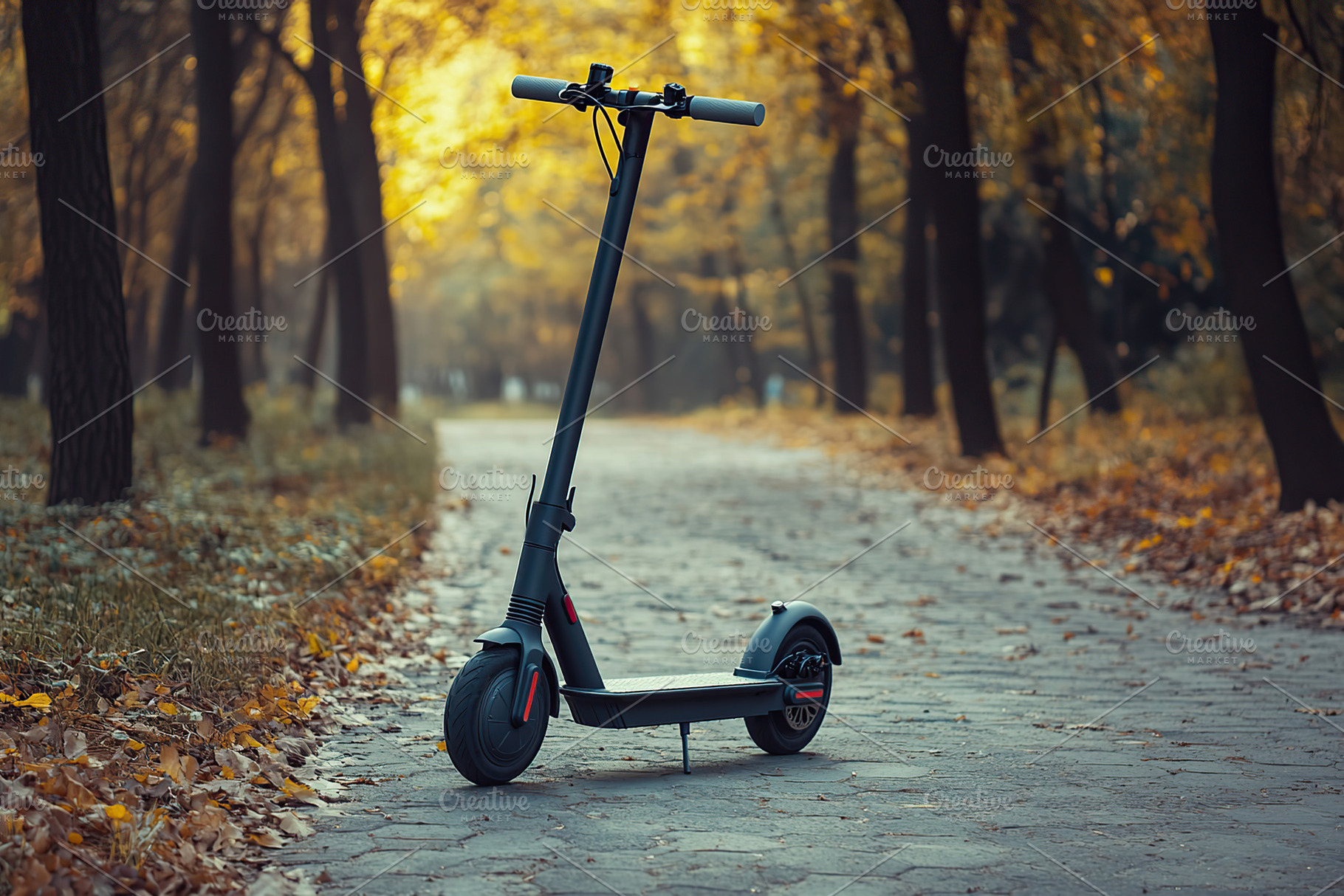Electric scooters parked in the park, a Transportation Photo by AlyaAnd