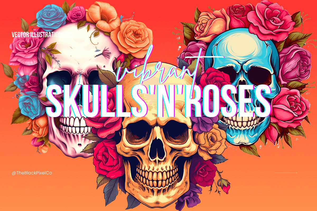 Skulls'n'Roses Vector Illustrations, an Object Illustration by TheBlackPixelCo (Photo 1 of 9)