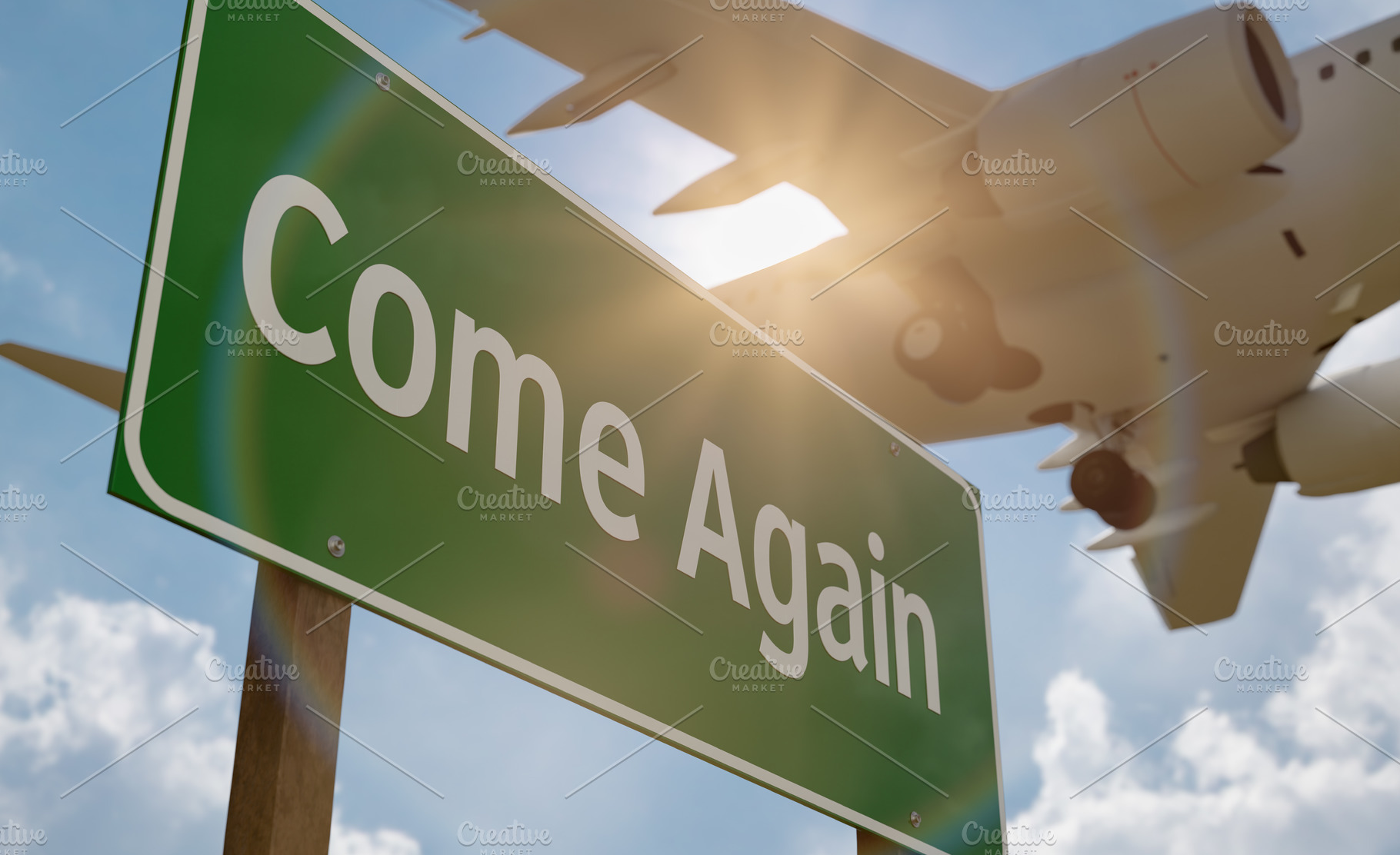 Come Again Green Road Sign and Plane, a Transportation Photo by Andy Dean Photography