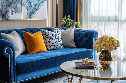 A stylish Hollywood Glam interior design style living room featuring a blue vel, an Arts & Entertainment Photo by Textures & Backgrounds