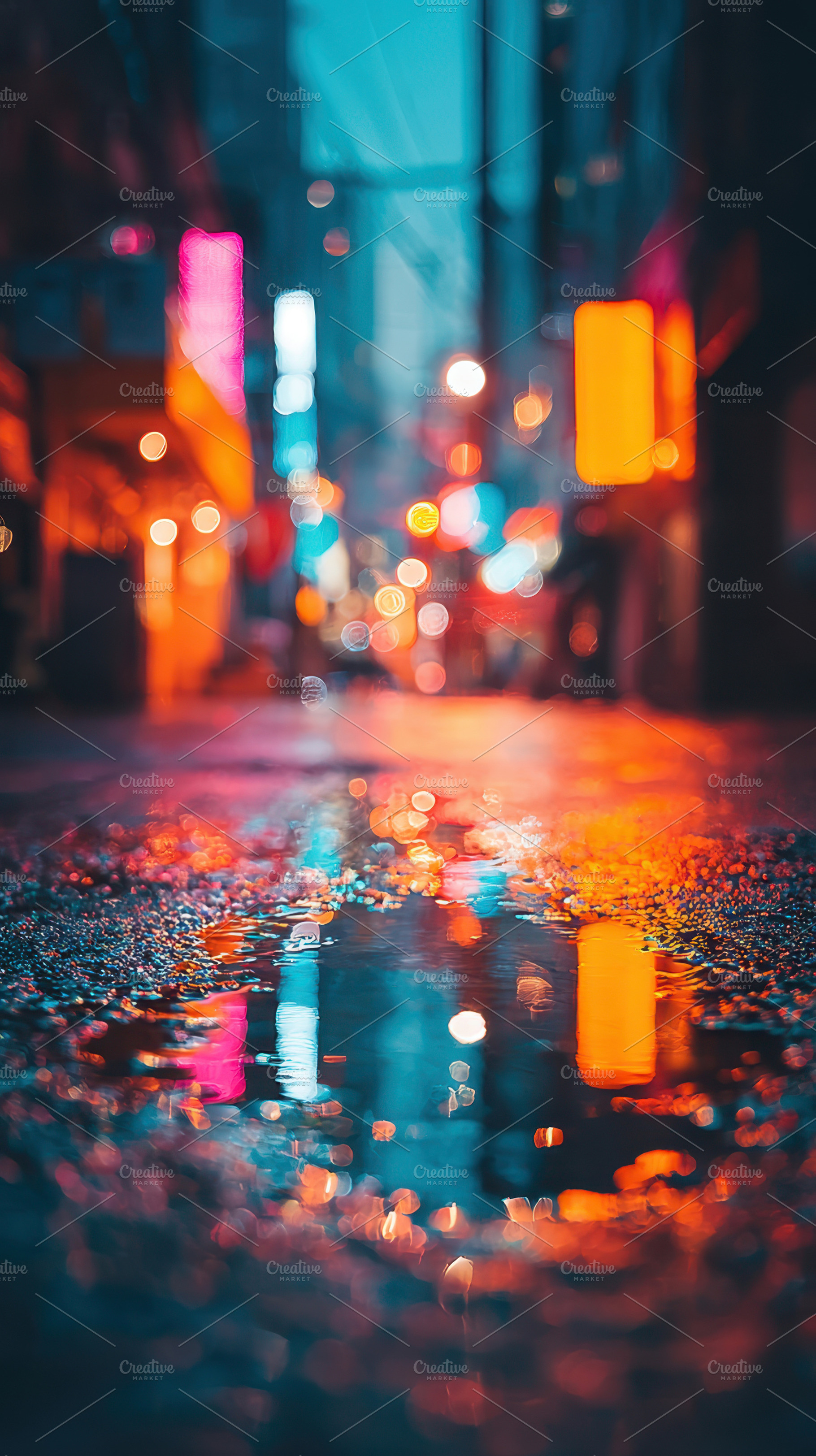 Vibrant city street with neon reflections at dusk, an Architecture Photo by AlyaAnd