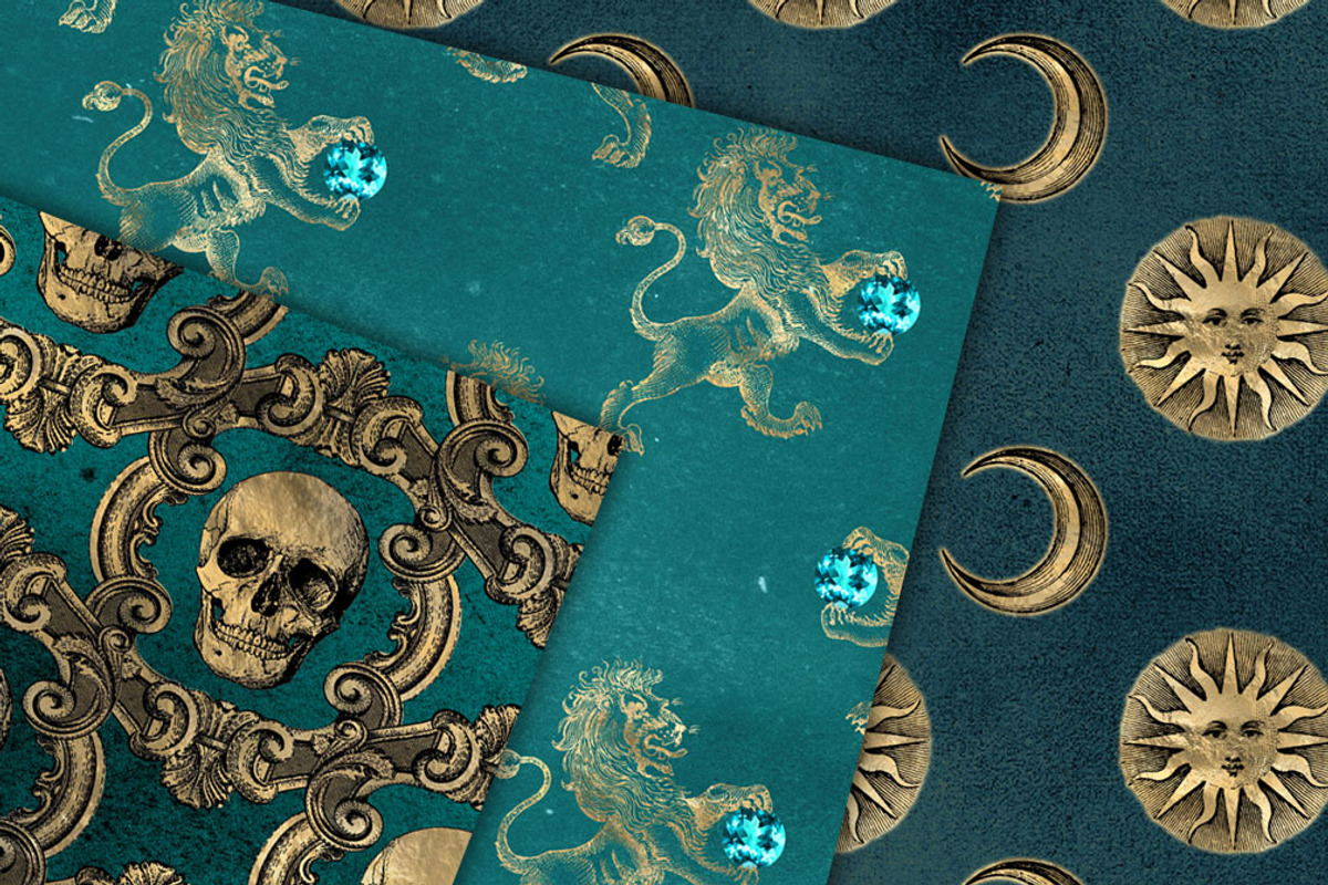 Heraldic Teal and Gold Digital Paper, a Pattern Graphic by Digital Curio