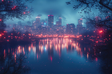 Nighttime skyline view of a city ref, a Photo by Tanuart