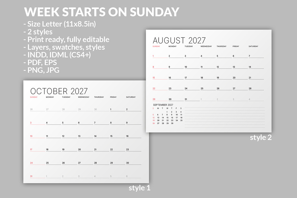 Minimalist Calendar 2027 (MP048-27S), a Stationery Template by mikhailmorosin (Photo 2 of 6)