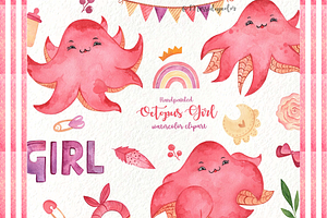 Girl Birthday Clipart, Pink, Octopus