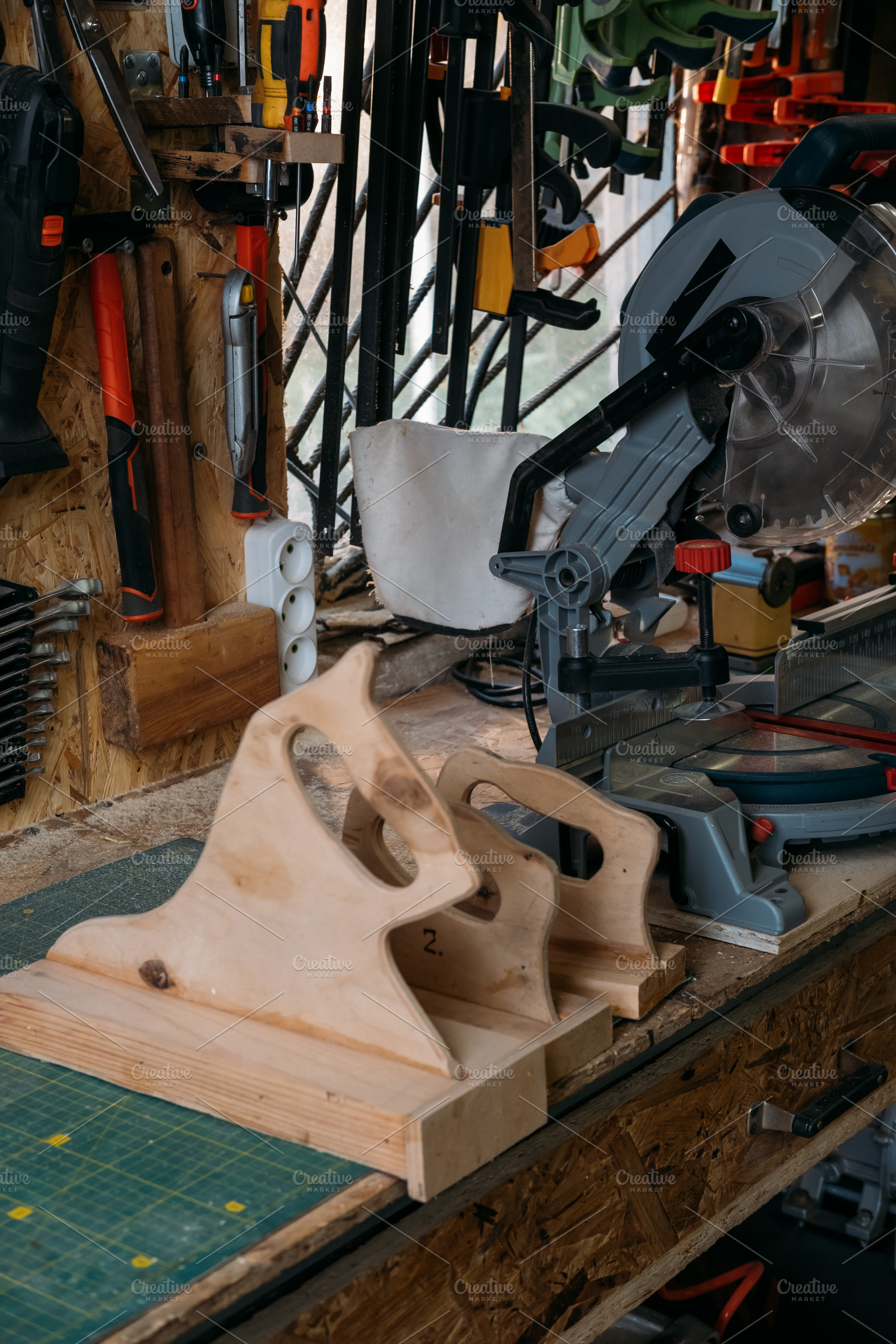 Carpentry workbench tool storage miter saw wooden, an Industrial Photo by Photo Drive Studio