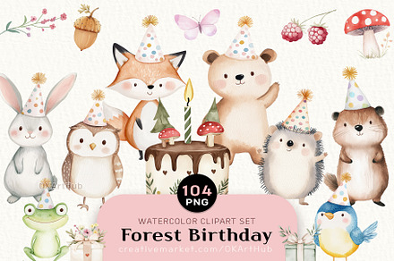 Woodland Birthday Animals Clipart, a Decorative Illustration by OKArtHub