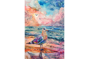Colorful Seagull Watercolor Beach, an Animal Illustration by Art Paradise Studios