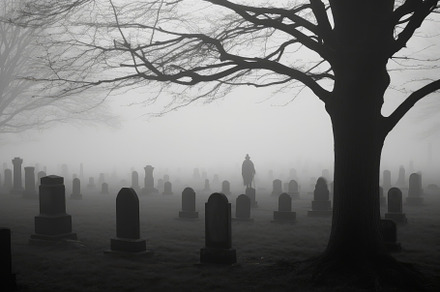 An eerie shot taken at the stroke of midnight, capturing the fog, a Holiday Photo by designvectx