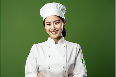 Smiling asian female chef posing, a Person Photo by Ylivdesign