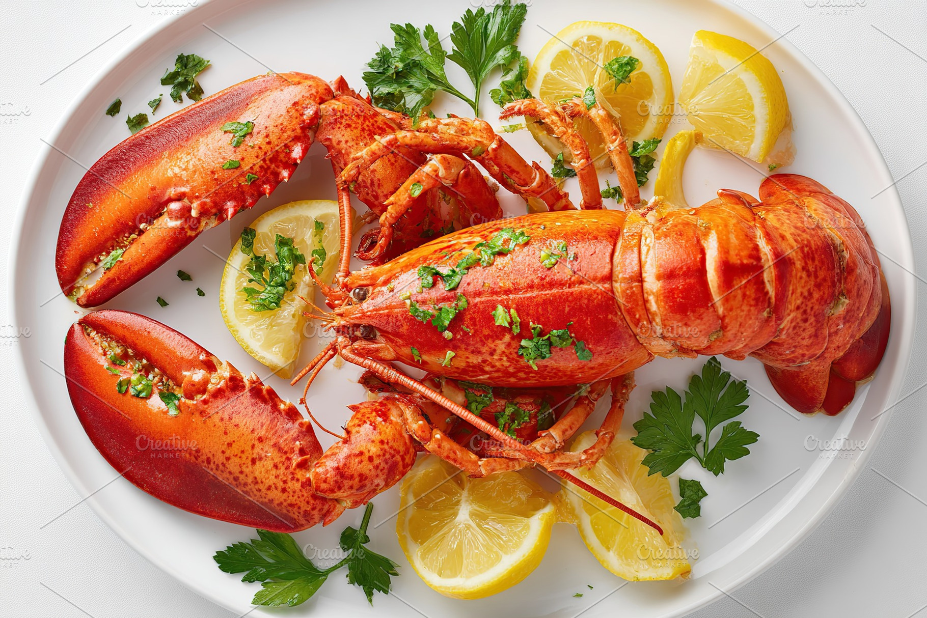 Freshly cooked lobster served on a white plate with lemon slices and parsley ga, a Food & Drink Photo by AlyaAnd