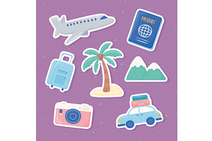 travel stickers set, an Object Illustration by studiogstock