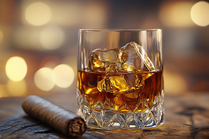 Glass of scotch whiskey with ice cubes and brown cigar, a Food & Drink Photo by AlyaAnd