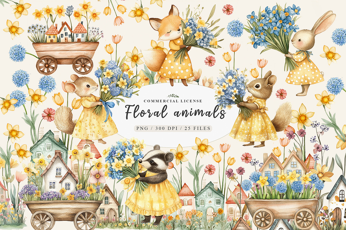 Spring woodland animal with bouquet, an Animal Illustration by Usis (Photo 1 of 7)
